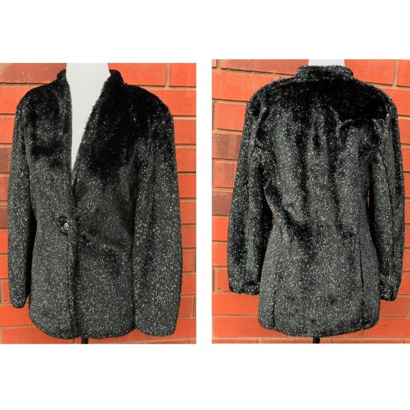 Vintage Womens Furry Black Blazer Jacket Silver Sparkle Linda Lundstrom 80s Glam - Picture 1 of 6